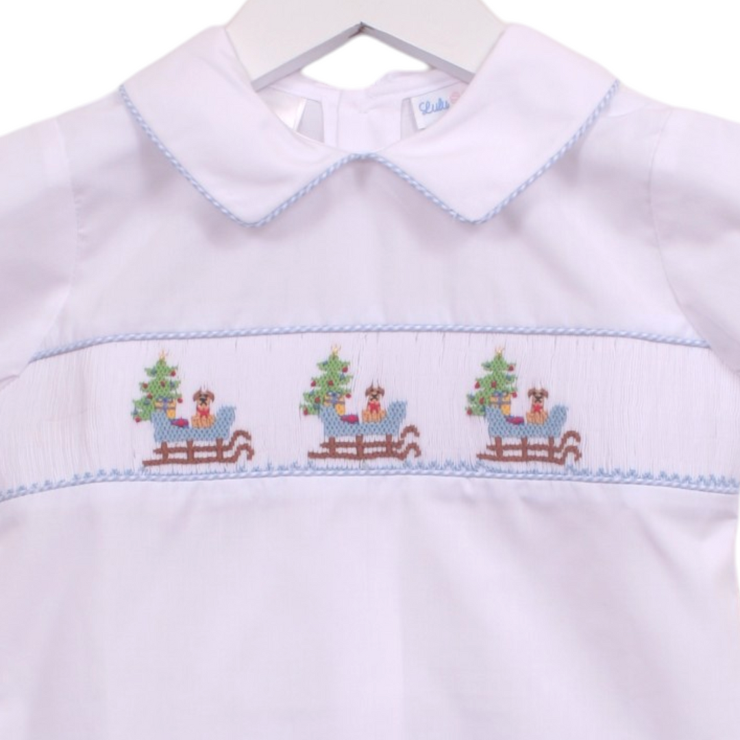 That Store white boys shirt with blue gingham trim and smocked puppy in a sleigh Christmas embroidery
