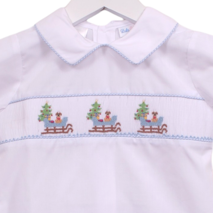 That Store white boys shirt with blue gingham trim and smocked puppy in a sleigh Christmas embroidery