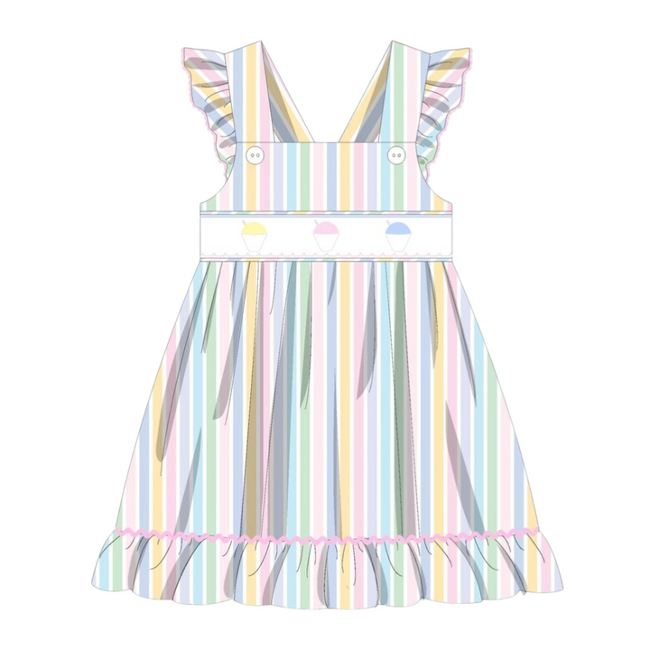 That Store Smocked Sally Snowball striped ruffle dress with pastel vertical stripes and cute snow cone embroidery.