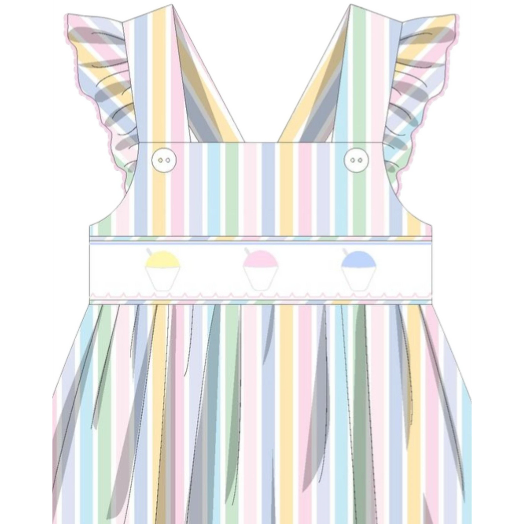 That Store smocked dress with pastel stripes, ruffle sleeves, and embroidered snow cone details for little girls.