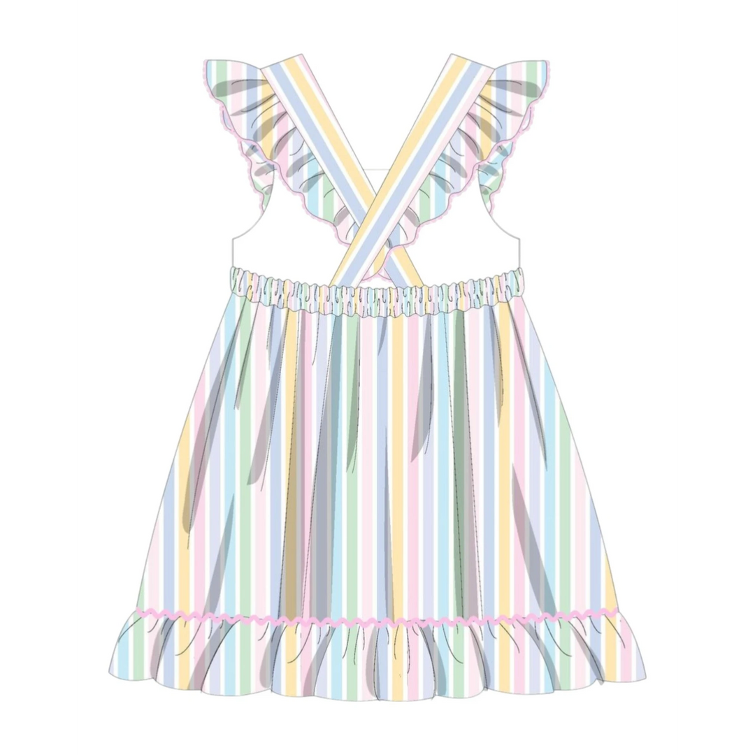 That Store smocked dress featuring pastel vertical stripes, ruffled shoulder straps, and a ruffled hemline.