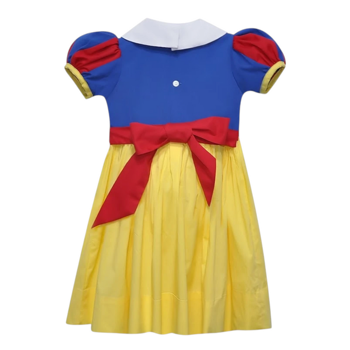 That Store Snow White dress-up dress for girls featuring a blue bodice, yellow skirt, white collar, and red bow.