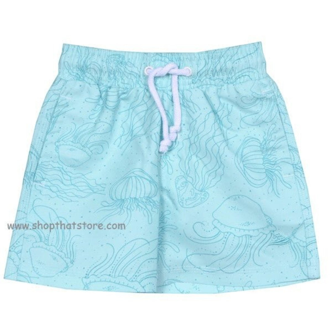 That Store SouthBound Jellyfish Trunk in light blue with a white drawstring and elastic waist for beach or pool wear.