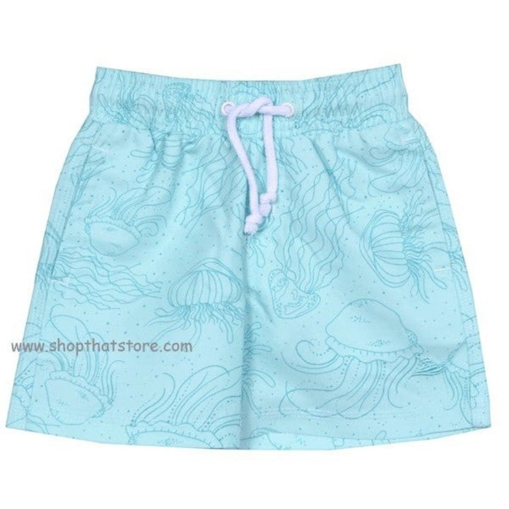 That Store SouthBound Jellyfish Trunk in light blue with a white drawstring and elastic waist for beach or pool wear.