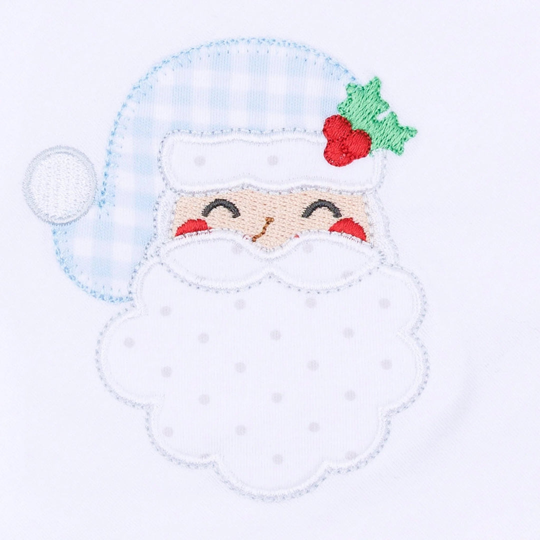 That Store Sweet St Nick applique on white Pima cotton fabric with light blue gingham and festive holly detail