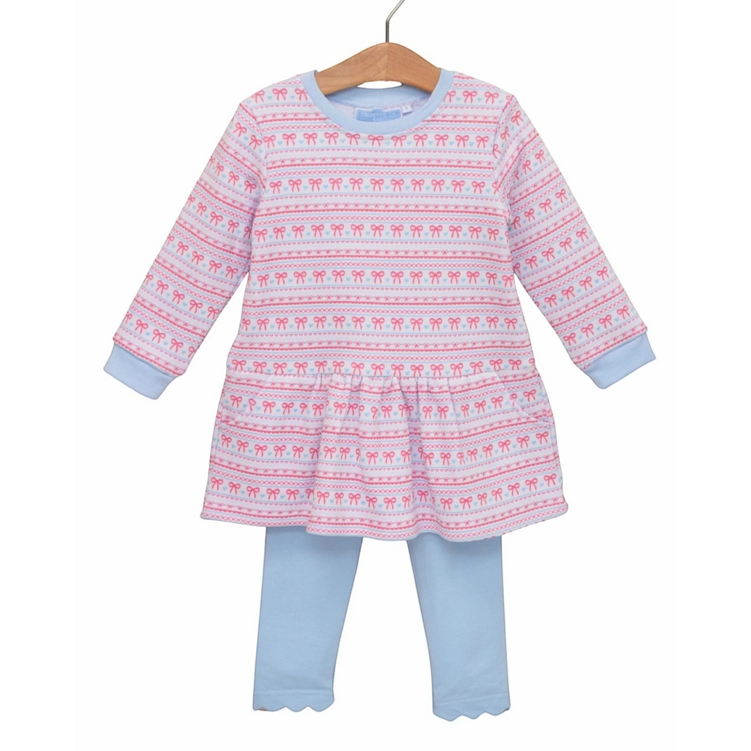 That Store Sweetheart French Terry tunic set featuring a pink bow pattern on a white dress with light blue leggings.