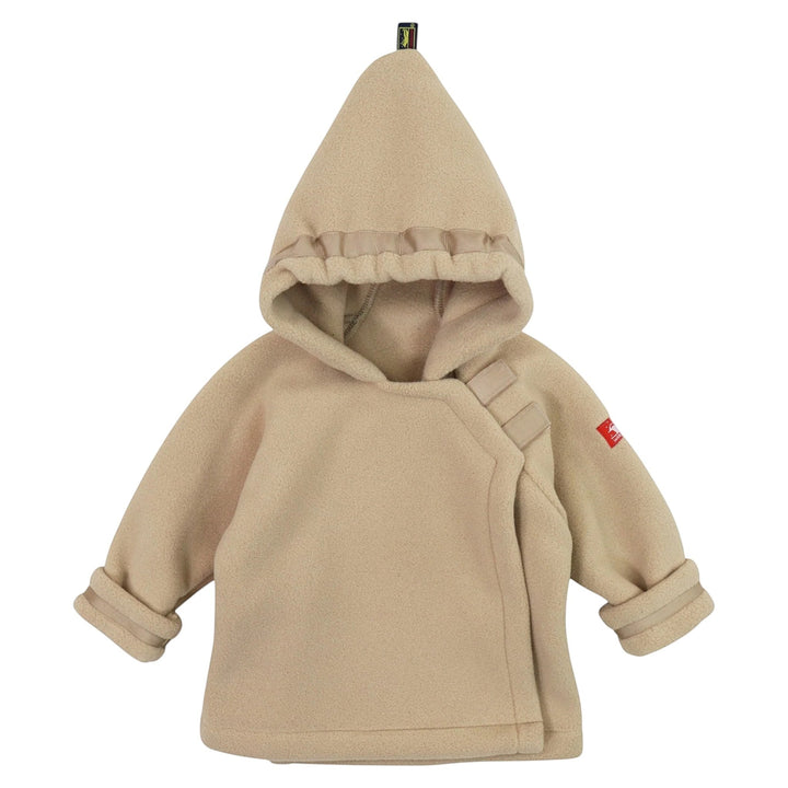 That Store tan Polartec fleece infant jacket with a pointed hood, Velcro closure, and adjustable grosgrain ribbon.