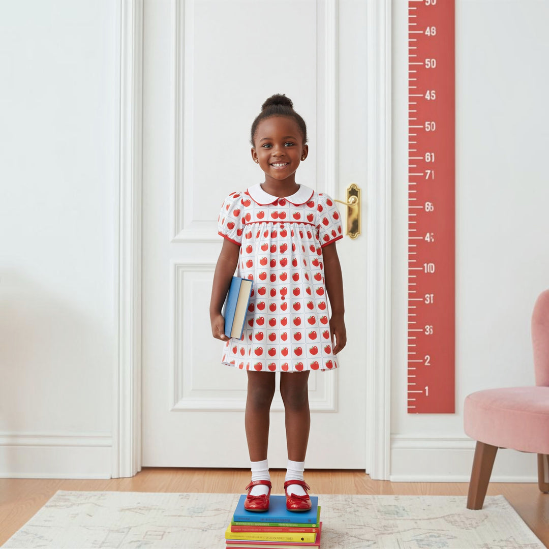 Young girl wearing a That Store Teachers Pet apple print dress with a white collar, standing on a stack of books.
