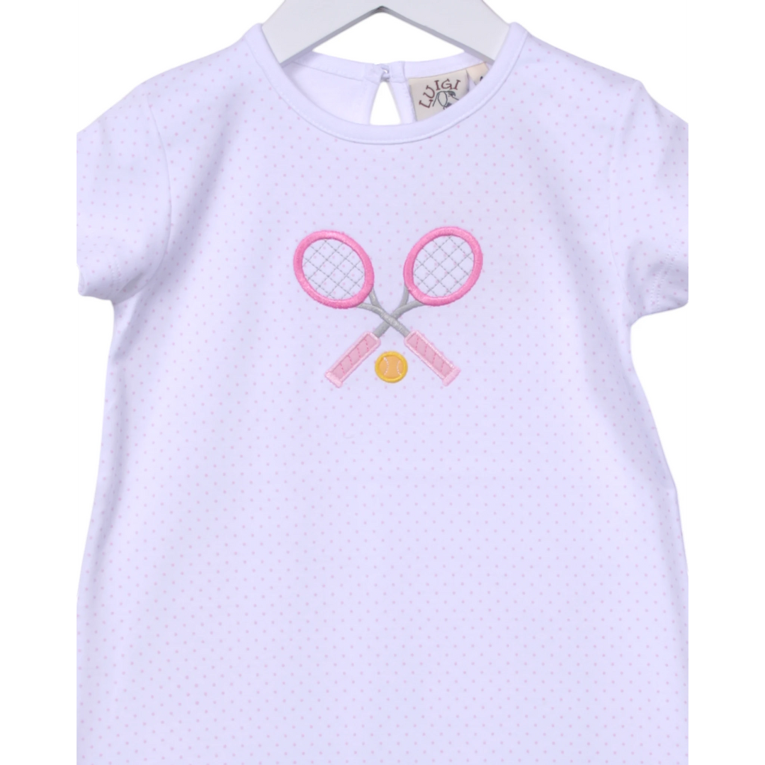 That Store white cotton dress with pink polka dots and a tennis racket applique for girls