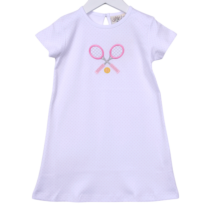 That Store white cotton dress with pink polka dots and a tennis racket applique for girls