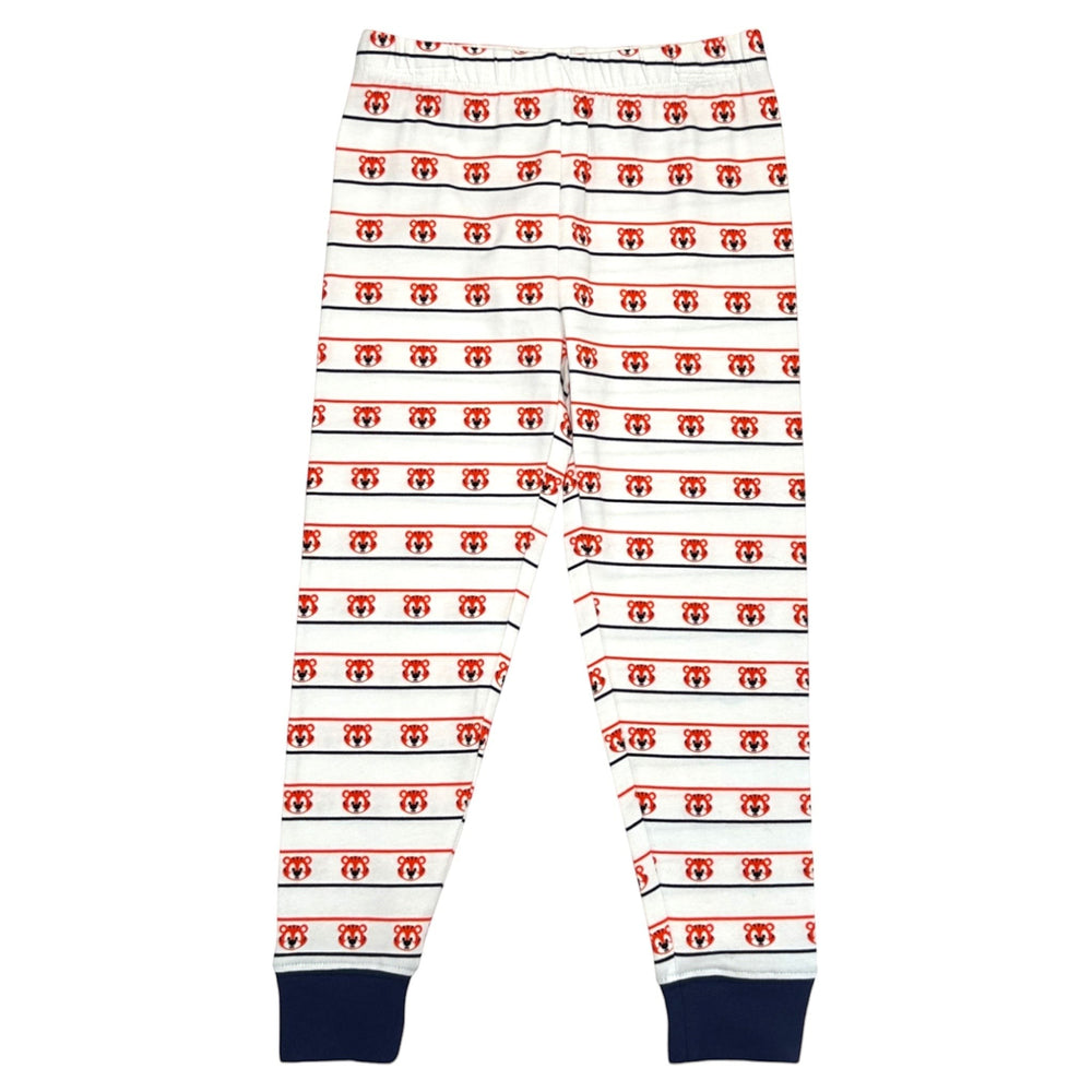 That Store girls pajama pants with navy and orange tiger print on white cotton fabric and navy blue ankle cuffs