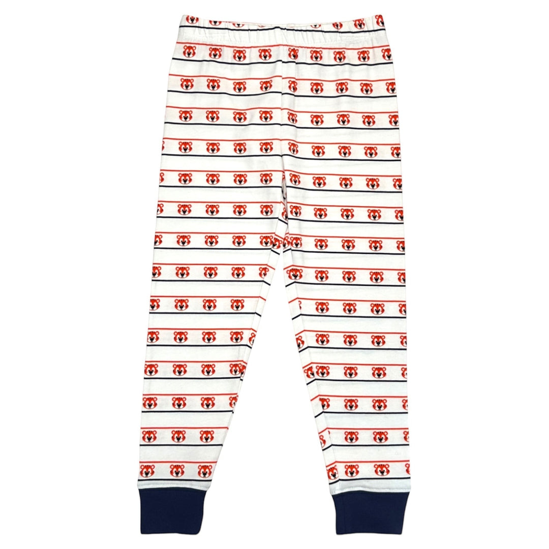 That Store girls pajama pants with navy and orange tiger print on white cotton fabric and navy blue ankle cuffs