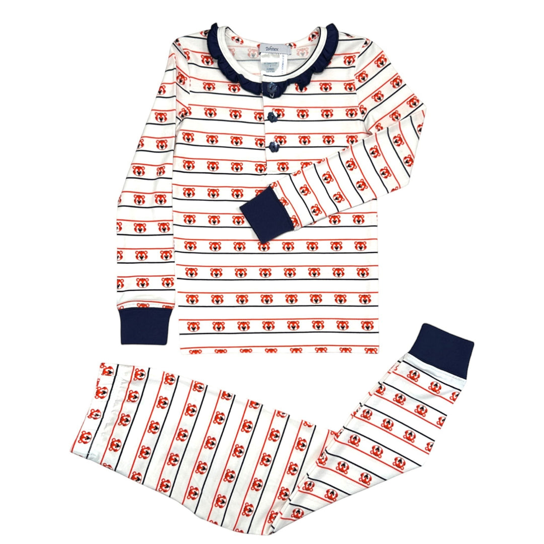 That Store girls pajama set with navy and orange tiger print, ruffled collar, and button-down long sleeve top.