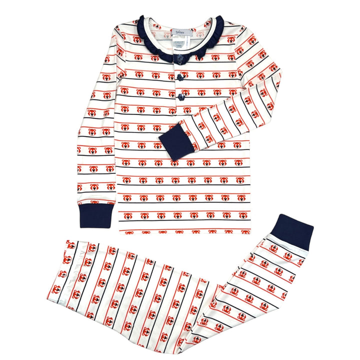 That Store girls pajama set with navy and orange tiger print, ruffled collar, and button-down long sleeve top.