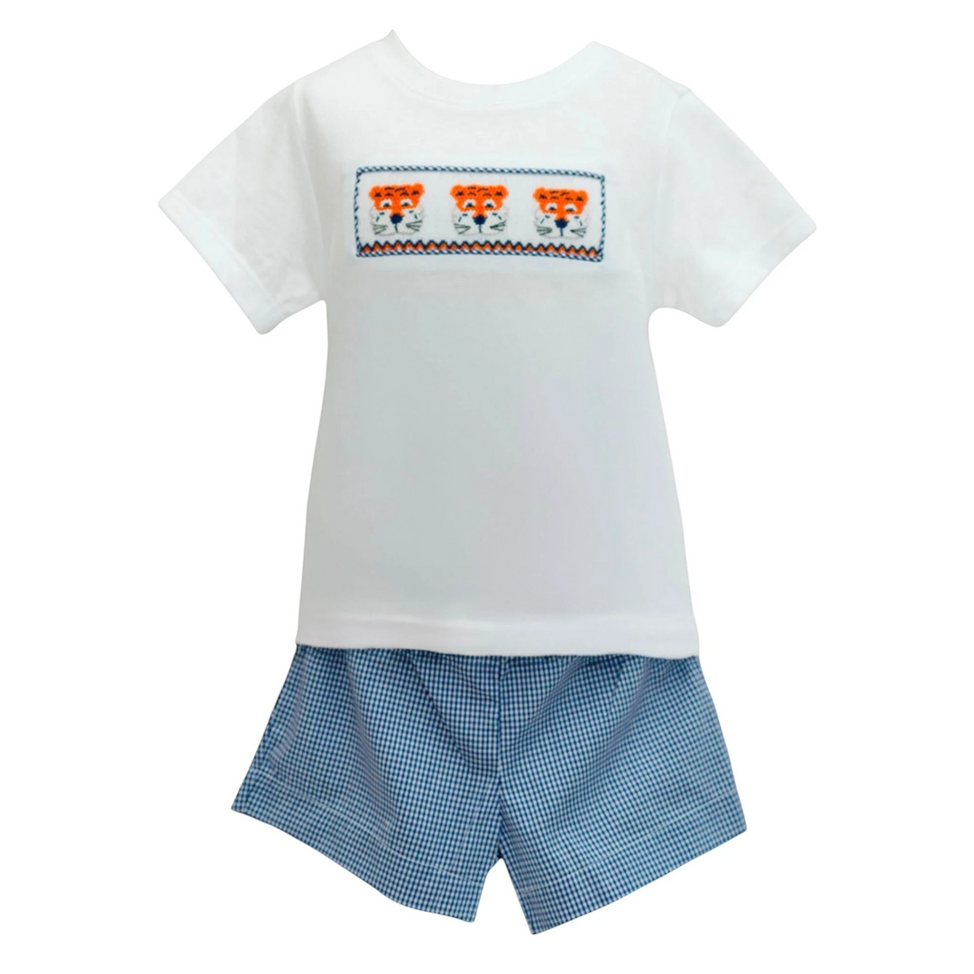 That Store navy and orange tiger smocked short set featuring a white t-shirt and blue gingham shorts for boys