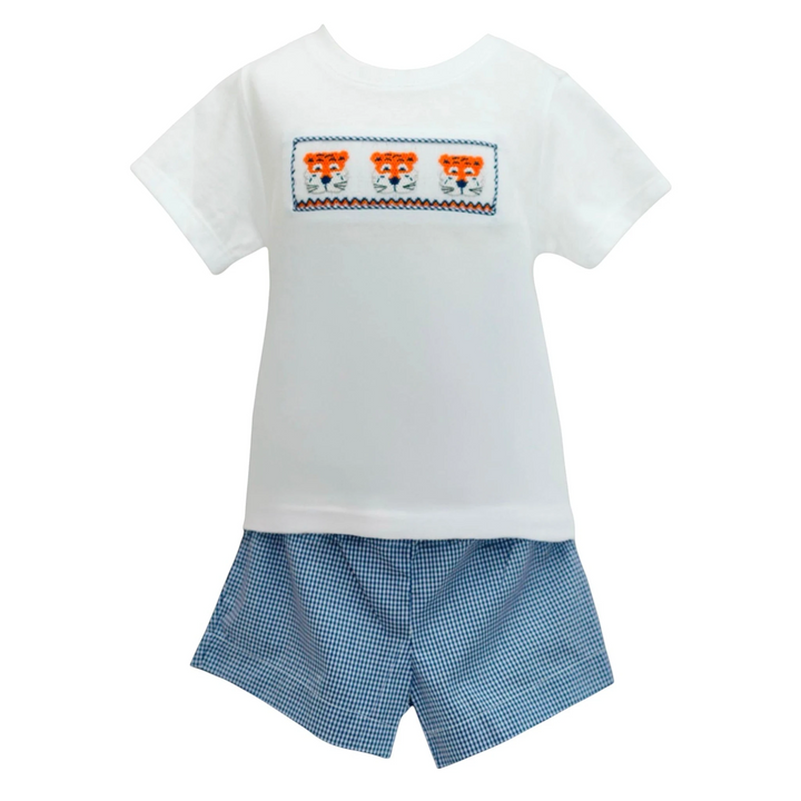 That Store navy and orange tiger smocked short set featuring a white t-shirt and blue gingham shorts for boys