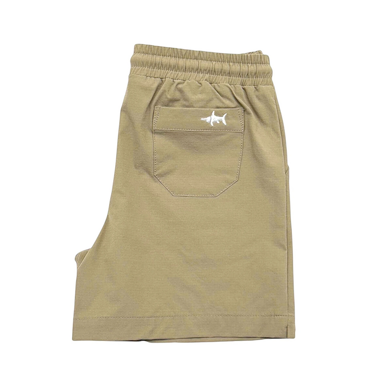 That Store Topsail boys khaki performance shorts with elastic drawstring waist and back pocket featuring shark logo