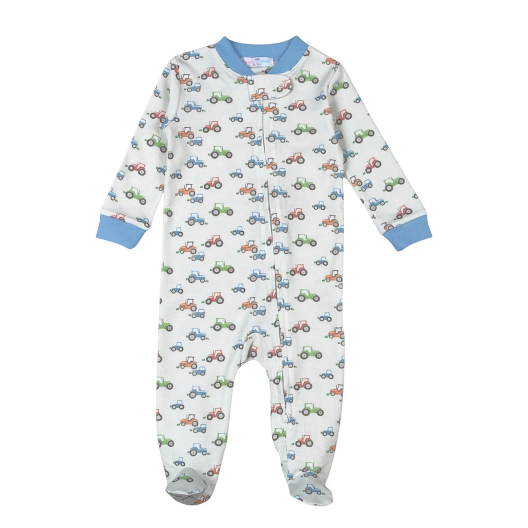 That Store boys footie pajamas in soft Pima cotton with a blue, green, and red tractor print and front zipper.