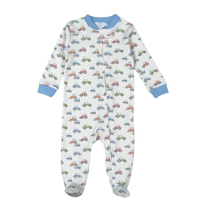 That Store boys footie pajamas in soft Pima cotton with a blue, green, and red tractor print and front zipper.