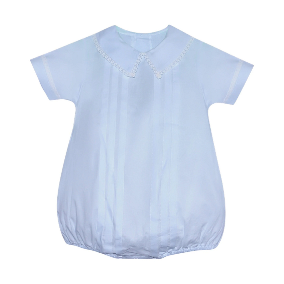 That Store Tucker blue and white baby bubble with a delicate lace peter pan collar and pleated front detailing.