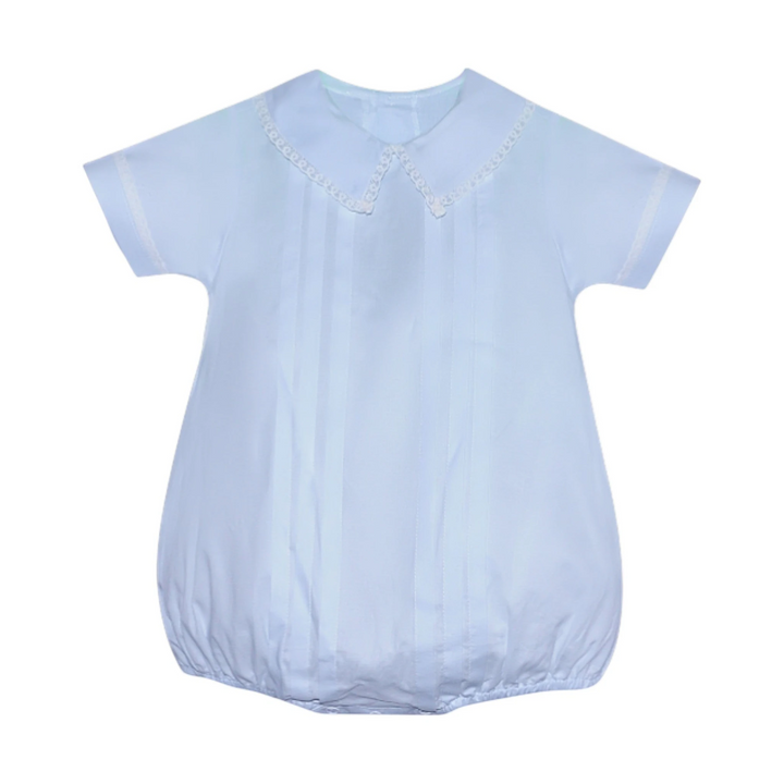 That Store Tucker blue and white baby bubble with a delicate lace peter pan collar and pleated front detailing.