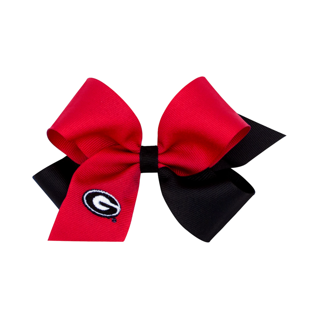 That Store UGA collegiate hair bow in red and black grosgrain ribbon with embroidered team logo and no-slip clip