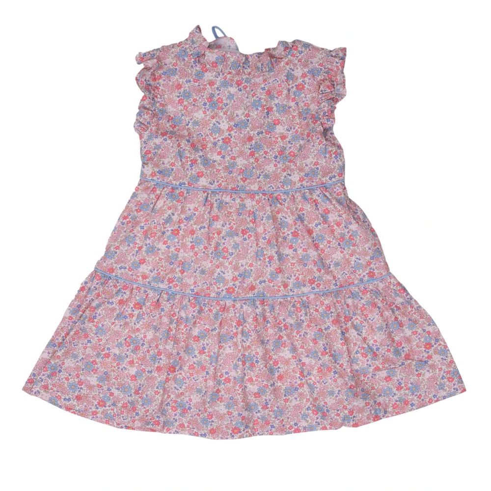 That Store Valeria pink and blue floral print dress with ruffle sleeves and tiered skirt for little girls