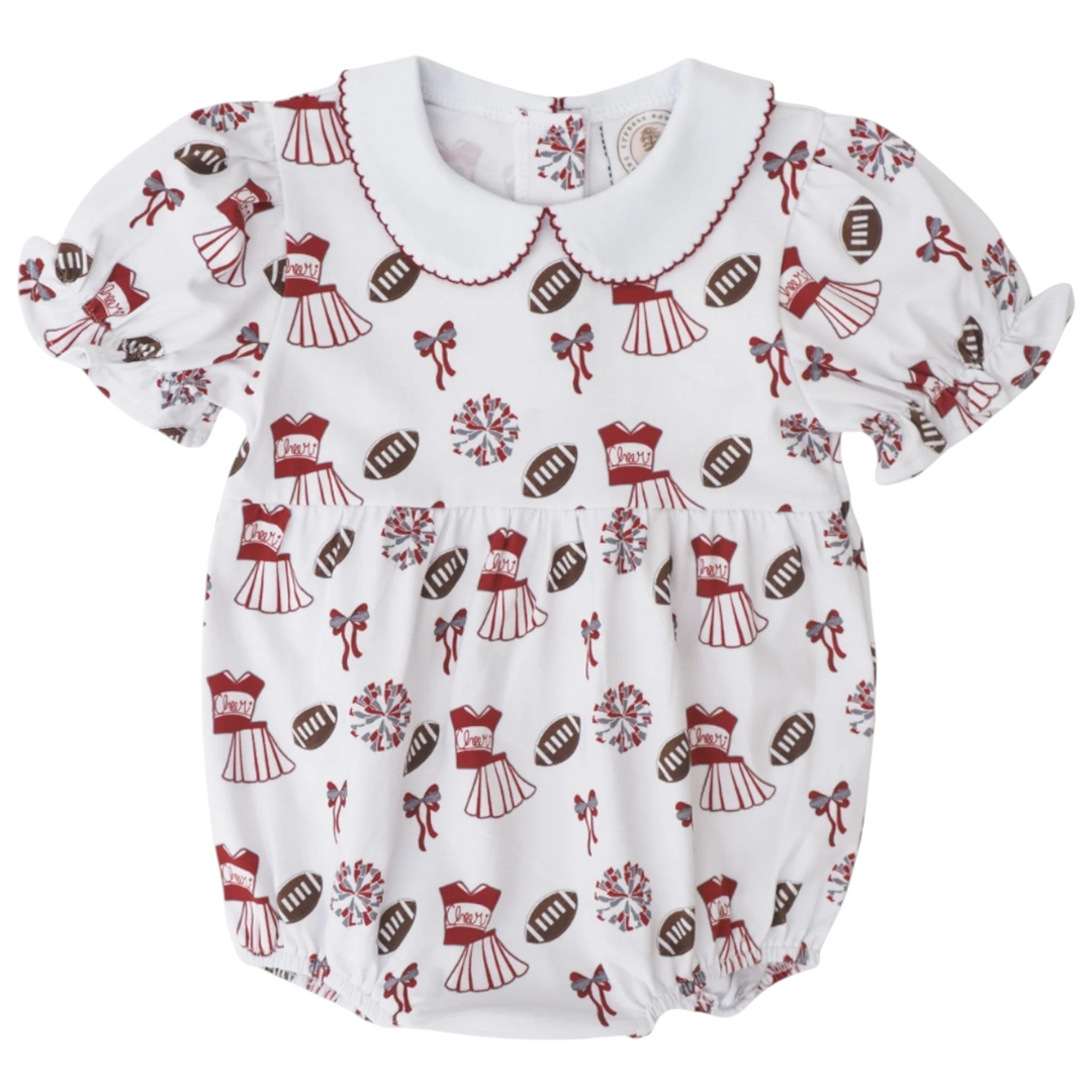 That Store girls bubble featuring a white fabric with dark red varsity cheerleading and football print and collar.