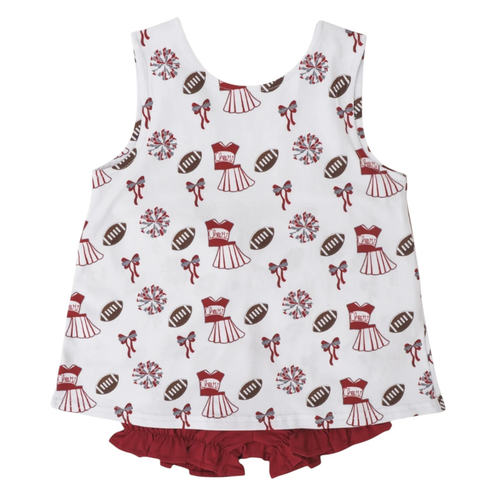 That Store girls varsity bloomer set with white cheerleader print top and dark red ruffled bloomers