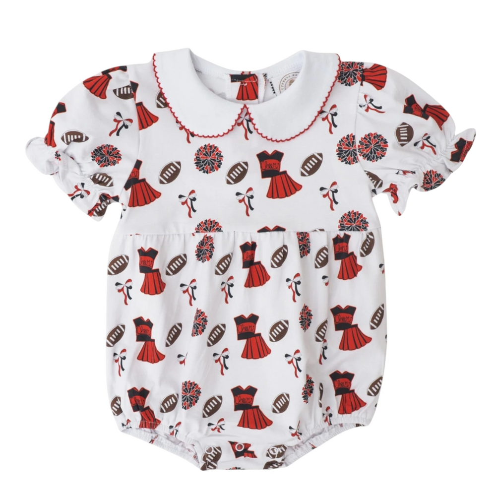 That Store girls varsity bubble in white with red and black football, cheerleader, and pom-pom print