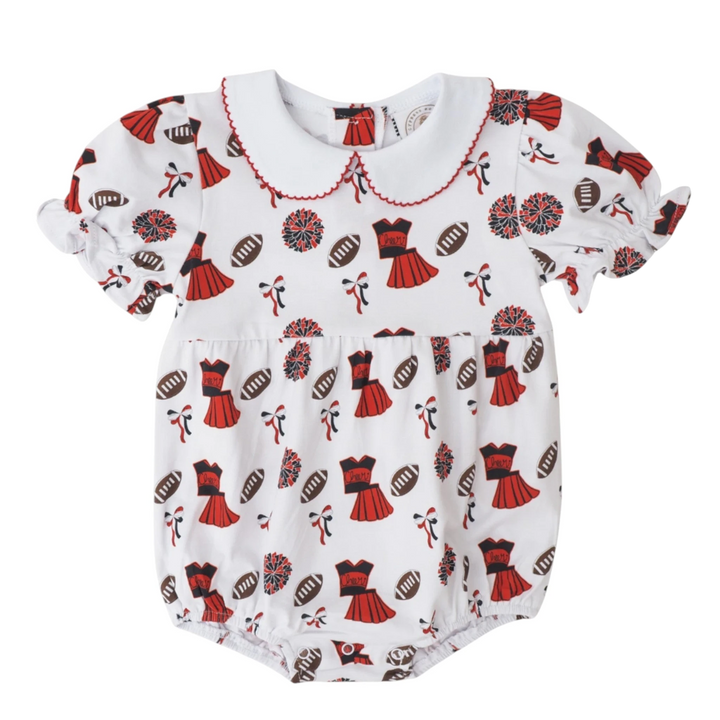 That Store girls varsity bubble in white with red and black football, cheerleader, and pom-pom print
