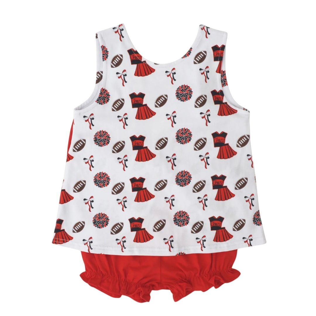 That Store girls varsity red and black bloomer set with cheerleading themed print and back bow detail
