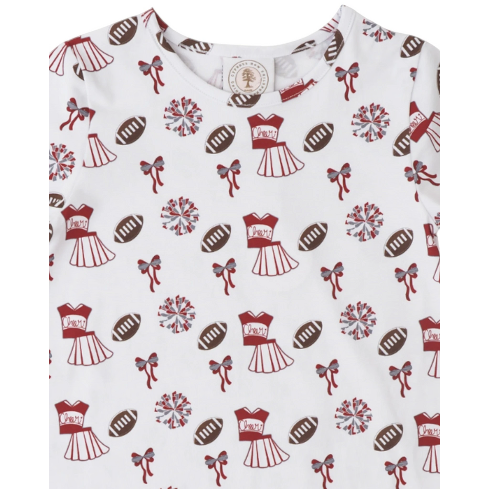 That Store dark red and white A-line swing dress featuring a football, cheerleader, and pom pom print pattern.