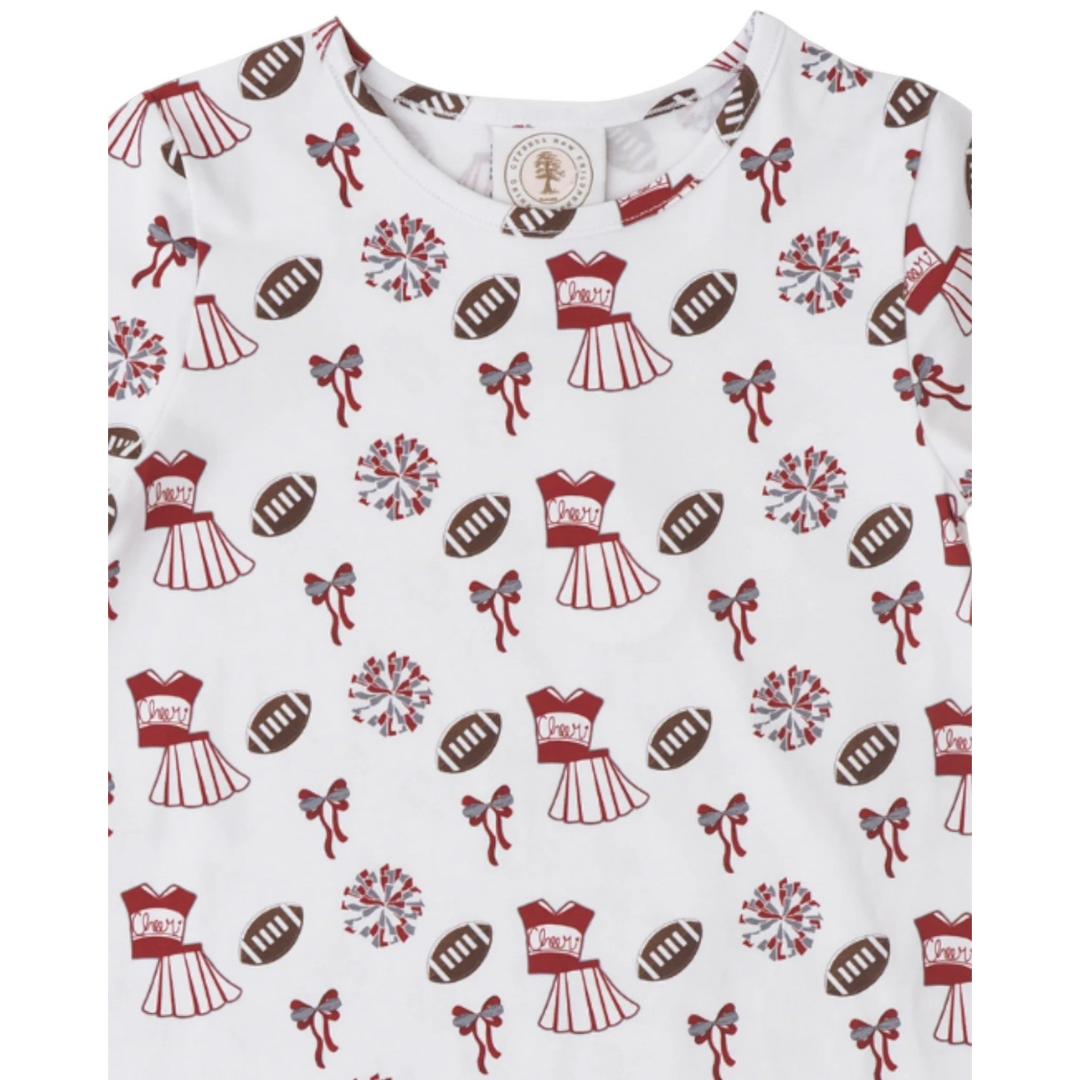 That Store dark red and white A-line swing dress featuring a football, cheerleader, and pom pom print pattern.