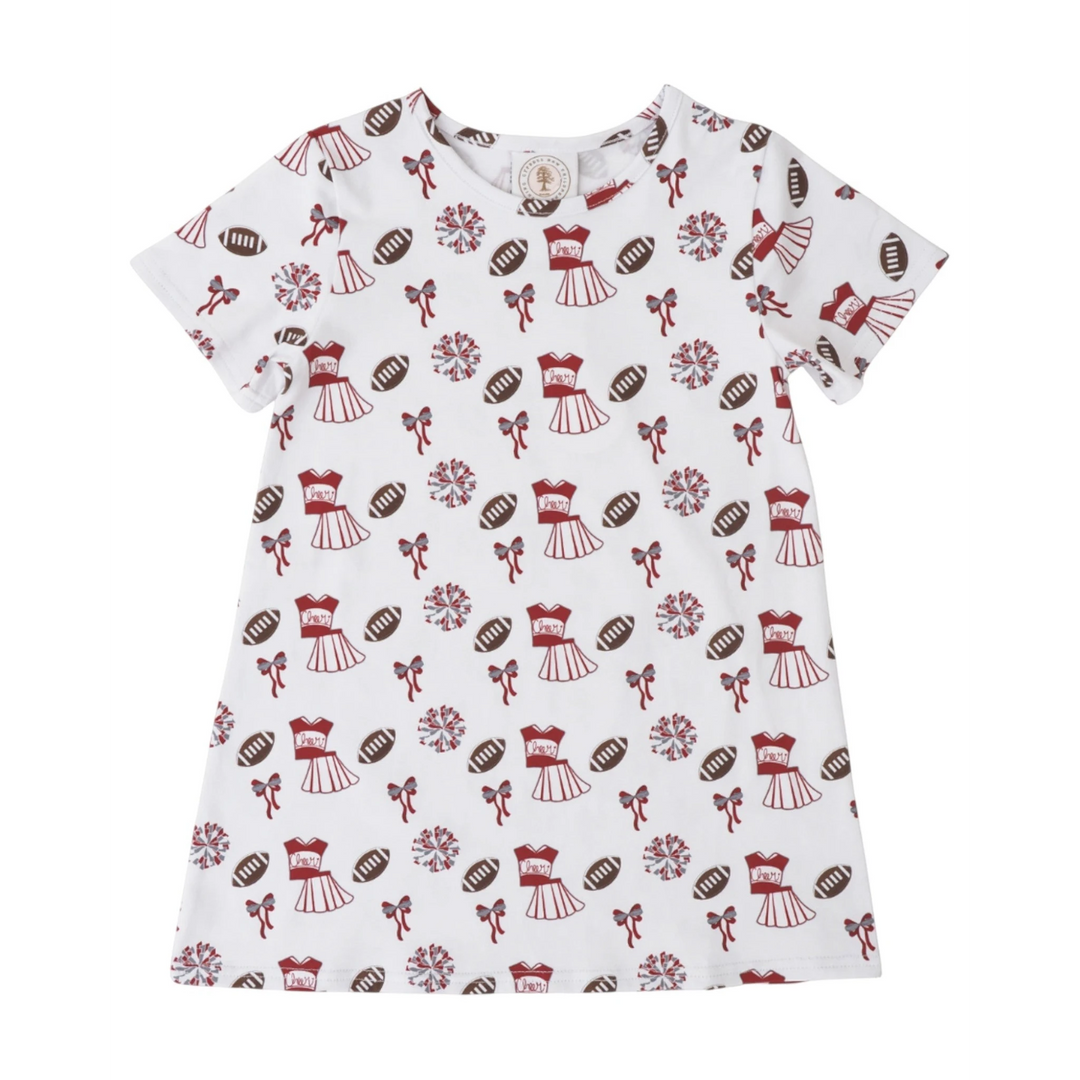 That Store dark red and white A-line swing dress featuring a football, pom pom, and cheer uniform print for girls.
