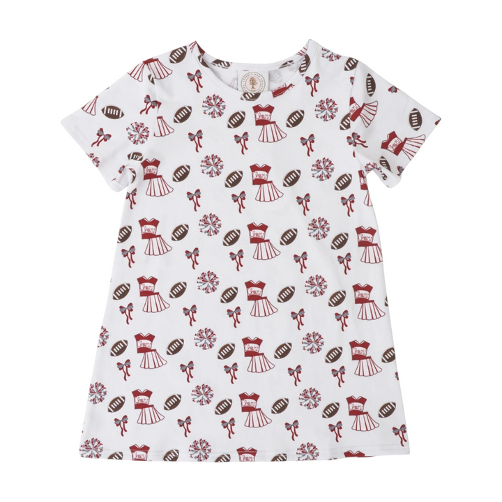 That Store dark red and white A-line swing dress featuring a football, pom pom, and cheer uniform print for girls.