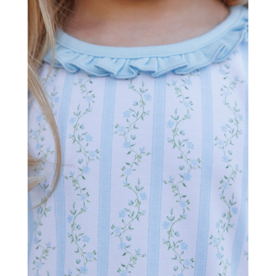 That Store Vineyard Blooms blue dress with floral stripe pattern and ruffled collar detail in soft cotton blend