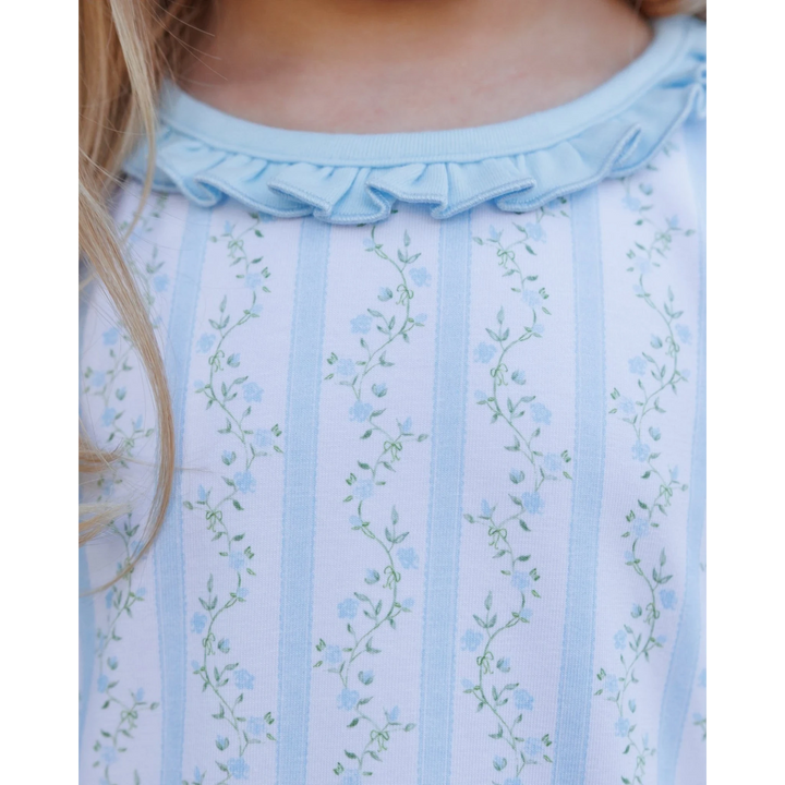 That Store Vineyard Blooms blue dress with floral stripe pattern and ruffled collar detail in soft cotton blend