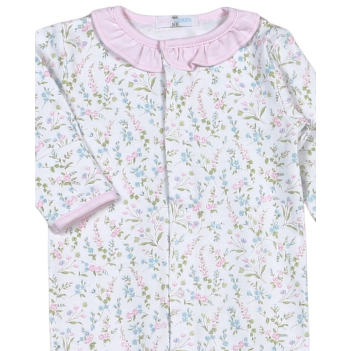 That Store Vivian floral Pima cotton baby girl converter gown in pink with a ruffled collar and long sleeves.