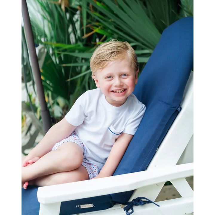 That Store Walker boys short set in white pima cotton with star print shorts and contrast piping on the pocket