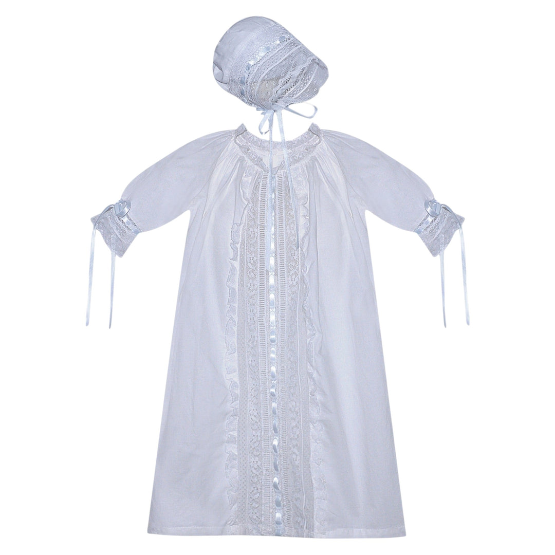 That Store white baby daygown with blue ribbon accents, lace inserts, embroidery, and a matching bonnet.