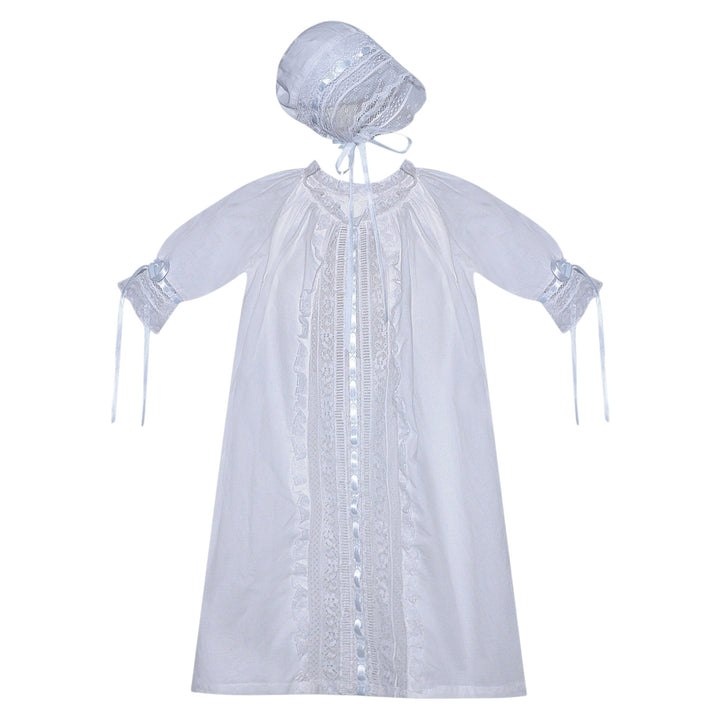 That Store white baby daygown with blue ribbon accents, lace inserts, embroidery, and a matching bonnet.
