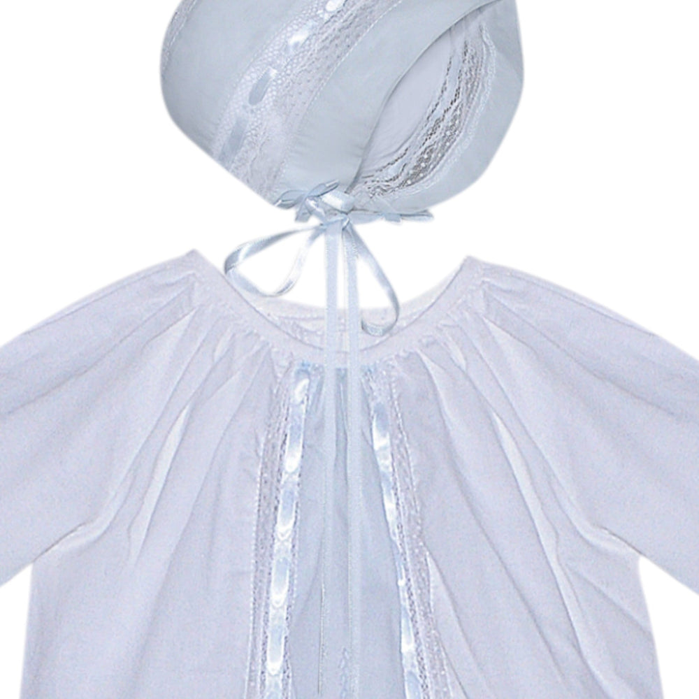 That Store Kipling white baby daygown with blue lace trim and matching bonnet for christenings or special occasions.