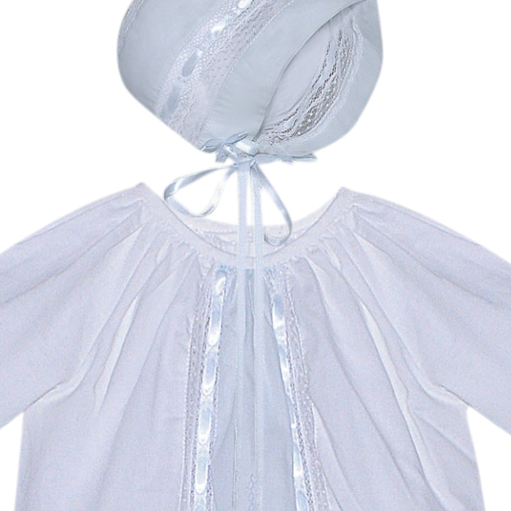 That Store Kipling white baby daygown with blue lace trim and matching bonnet for christenings or special occasions.