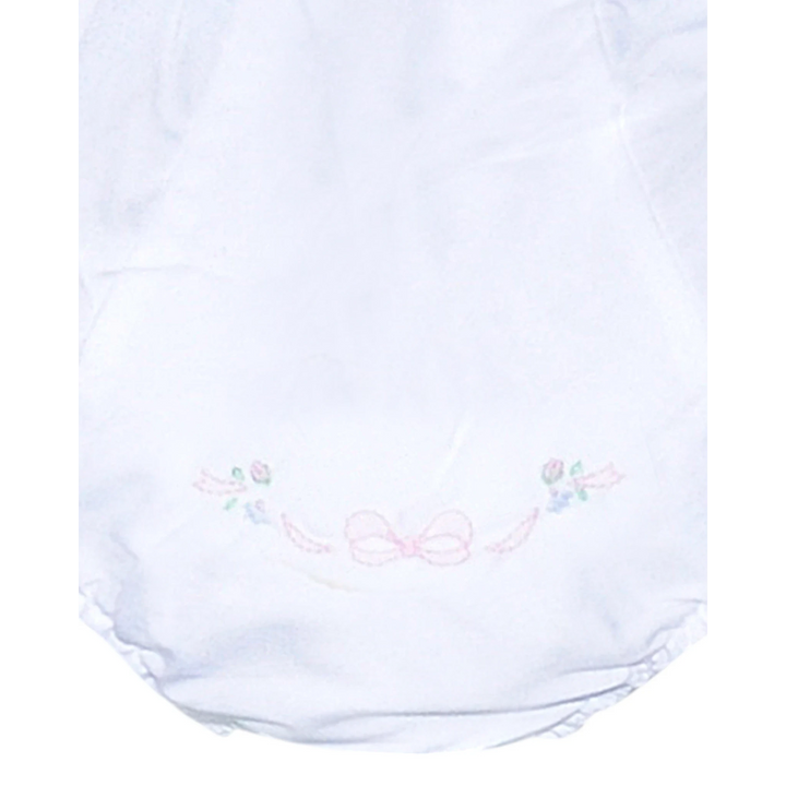 That Store white baby girl diaper cover featuring delicate pink bow and floral embroidery detailing