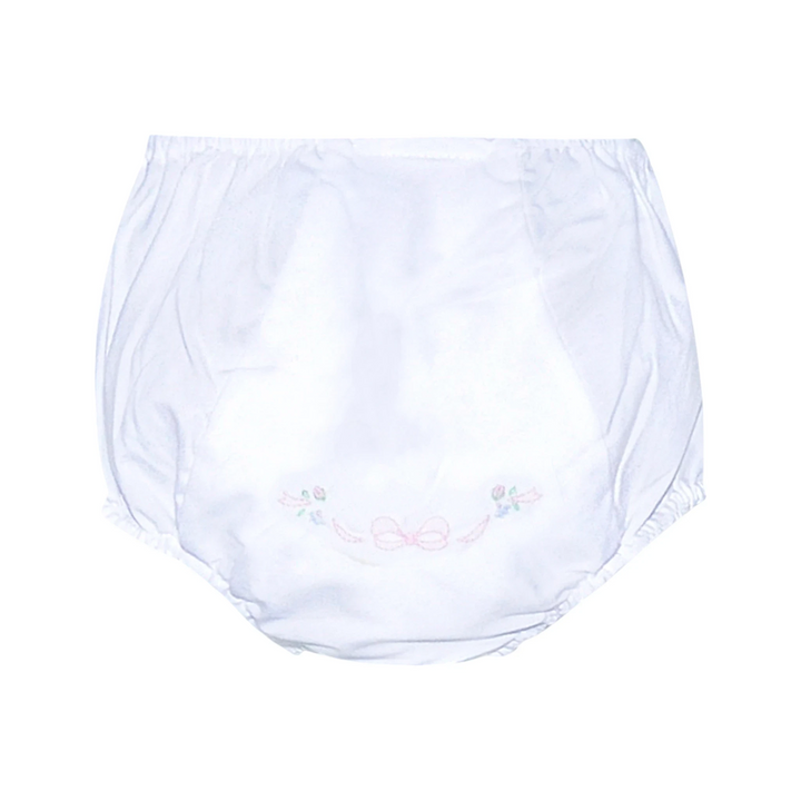 That Store white baby girl diaper cover featuring a delicate embroidered bow and floral detail on the back