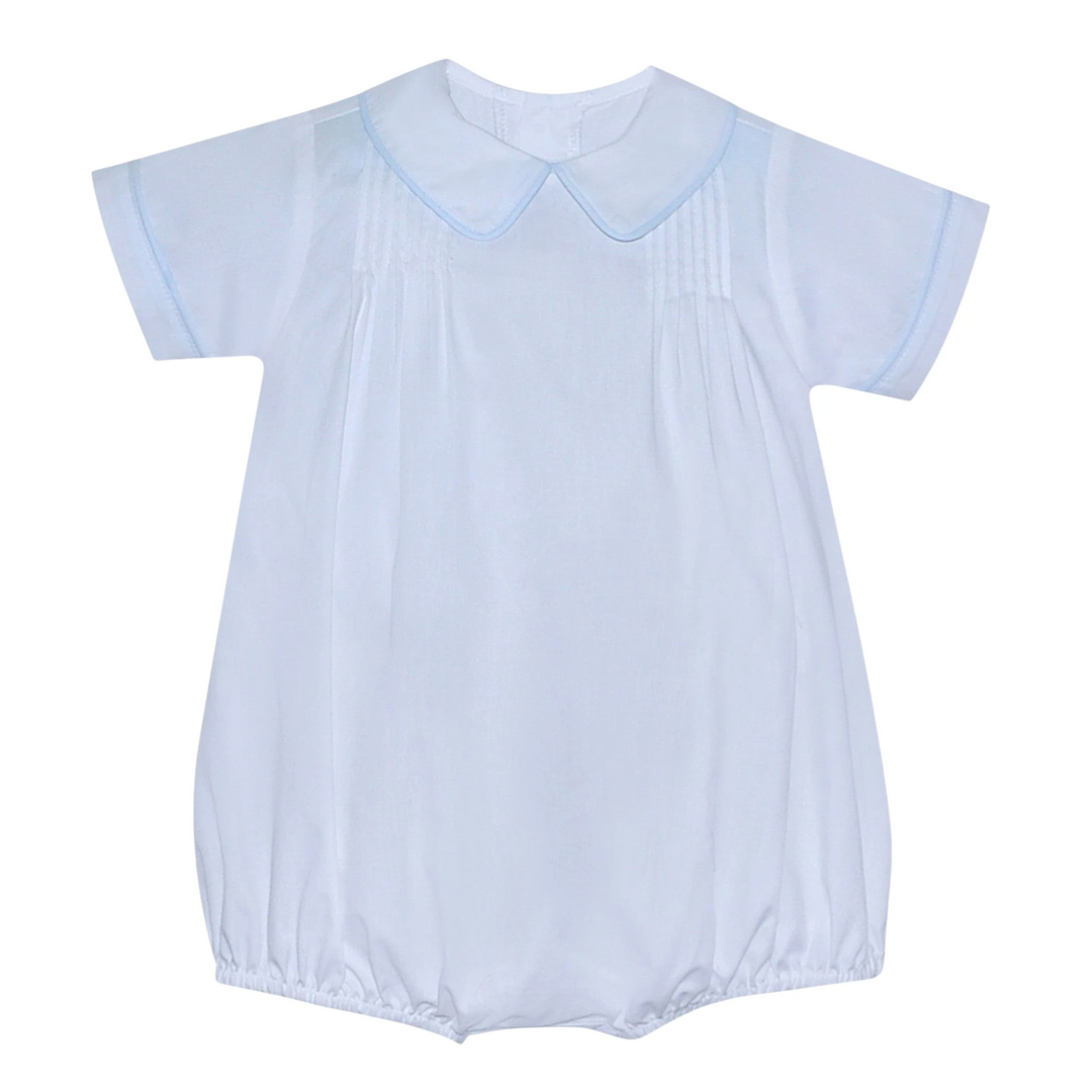 That Store Keaton white baby bubble romper with a blue trimmed Peter Pan collar and short sleeves