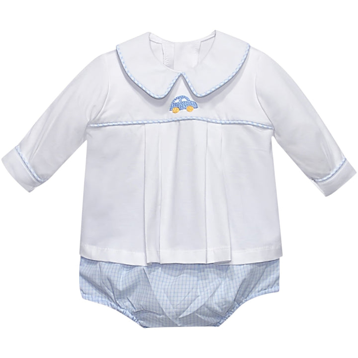 That Store white baby boy diaper set with Peter Pan collar, blue car embroidery, and blue gingham diaper cover.