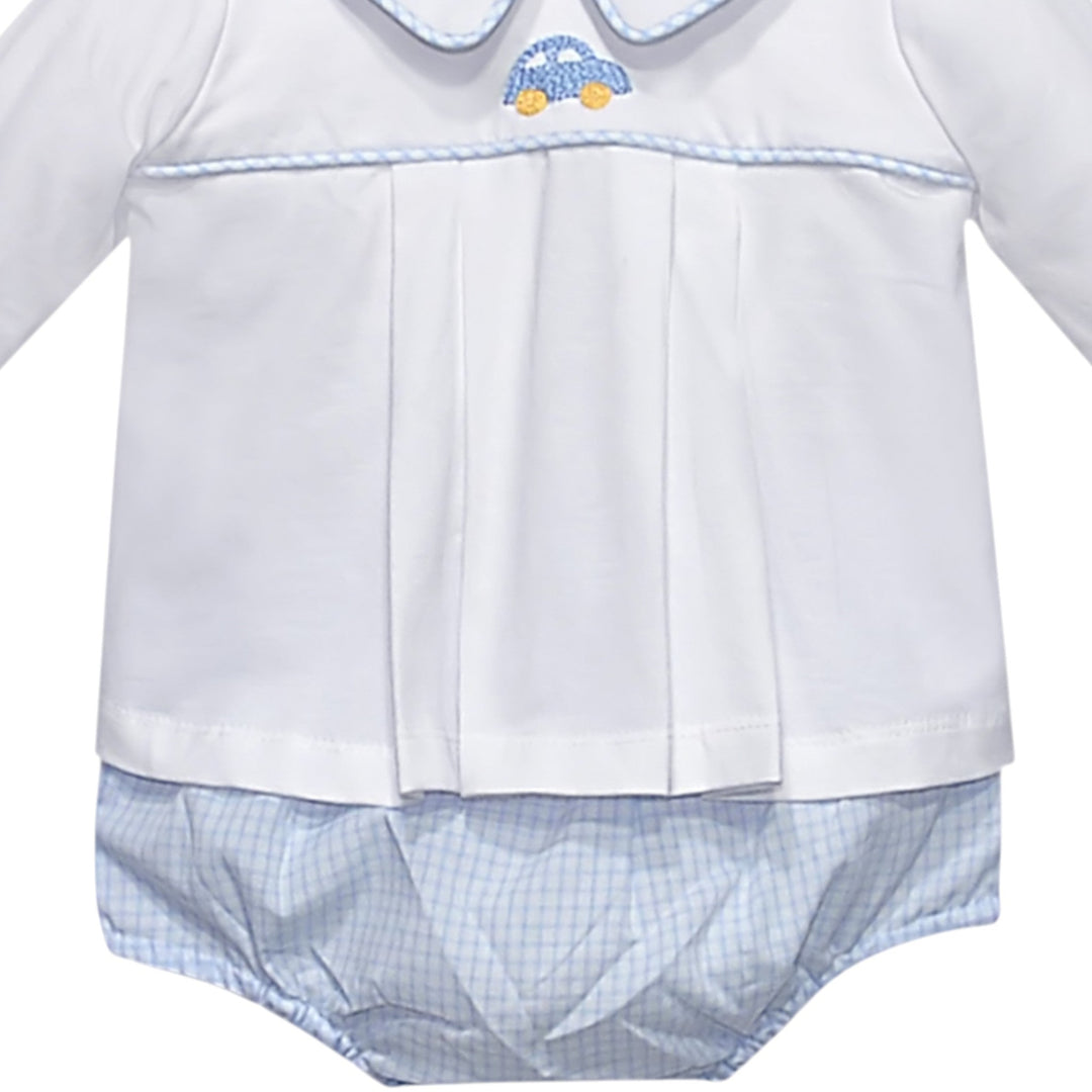 That Store boys white diaper set featuring a Peter Pan collar, blue car embroidery, and blue gingham diaper cover.