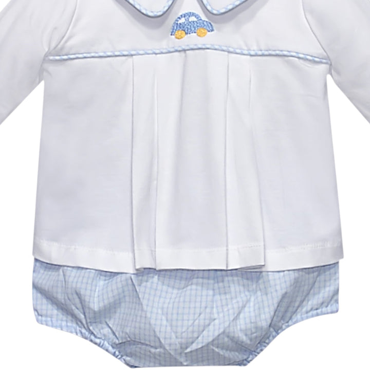 That Store boys white diaper set featuring a Peter Pan collar, blue car embroidery, and blue gingham diaper cover.